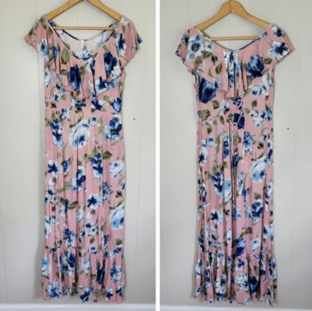 PINKBLUSH Maxi Dress Floral Flouncy Ruffle V-Neck Corset Detail Pink Blue L